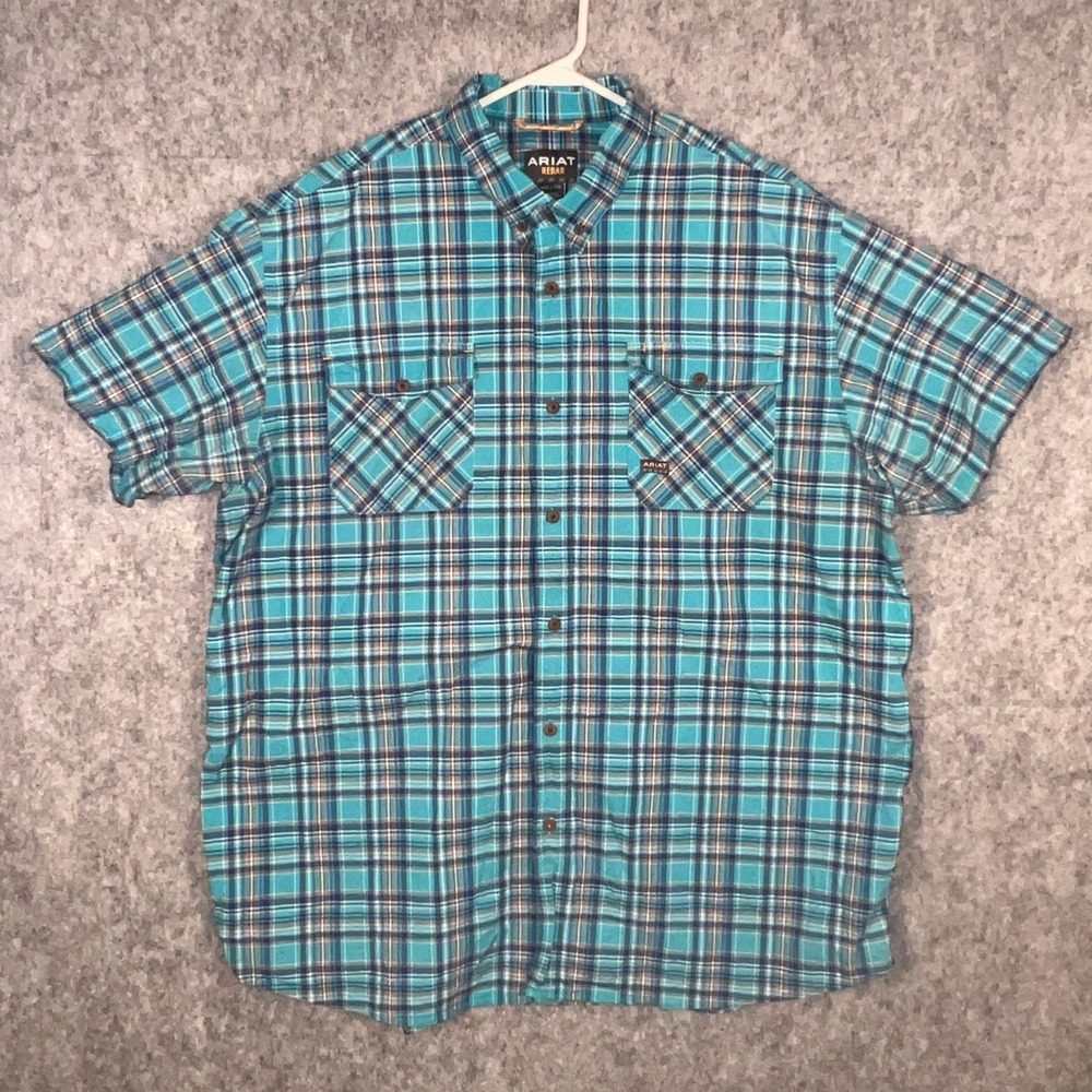 Ariat Rebar Men's XXL Turquoise Blue Plaid Short Sleeve Button Down Work Shirt